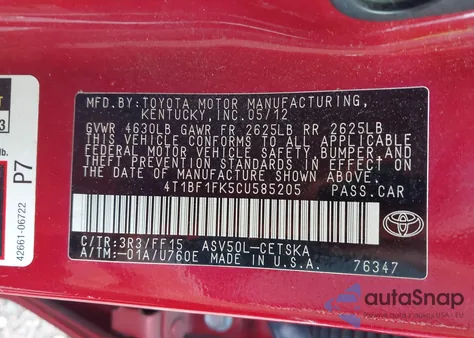 2012 Toyota Camry L/Le/Se/Se Limited Edition/Xle z USA, uszkodzony, nr VIN 4T1BF1FK5CU585205